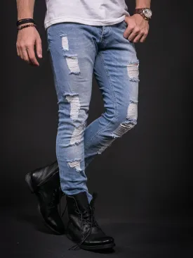 ADJ Men Slim Fit Ripped Destroyed Jeans - Light Blue