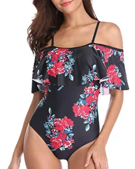 Adjustable Strap Off Shoulder One Piece Swimwear-Black Floral