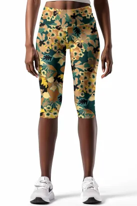 Admiration Ellie Brown Floral Leaf Printed Yoga Capri Leggings - Women