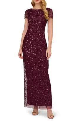 Adrianna Papell Beaded Short Sleeve Gown