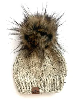 Adult Solid Knit Pom Hat | Oatmeal   Dark Faux Fur Pom