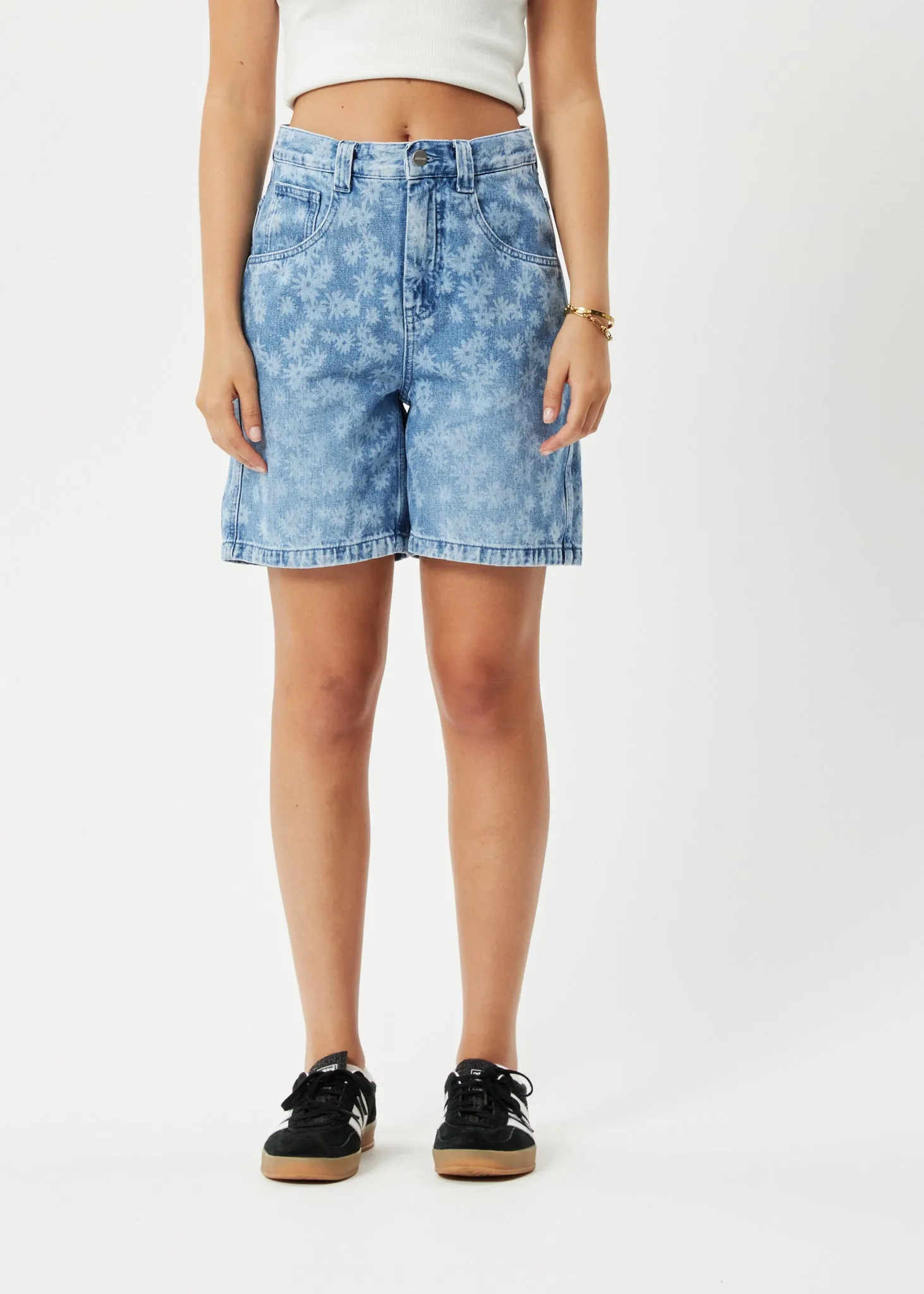 AFENDS Womens Fink Emilie - Denim Carpenter Shorts - Worn Blue Daisy