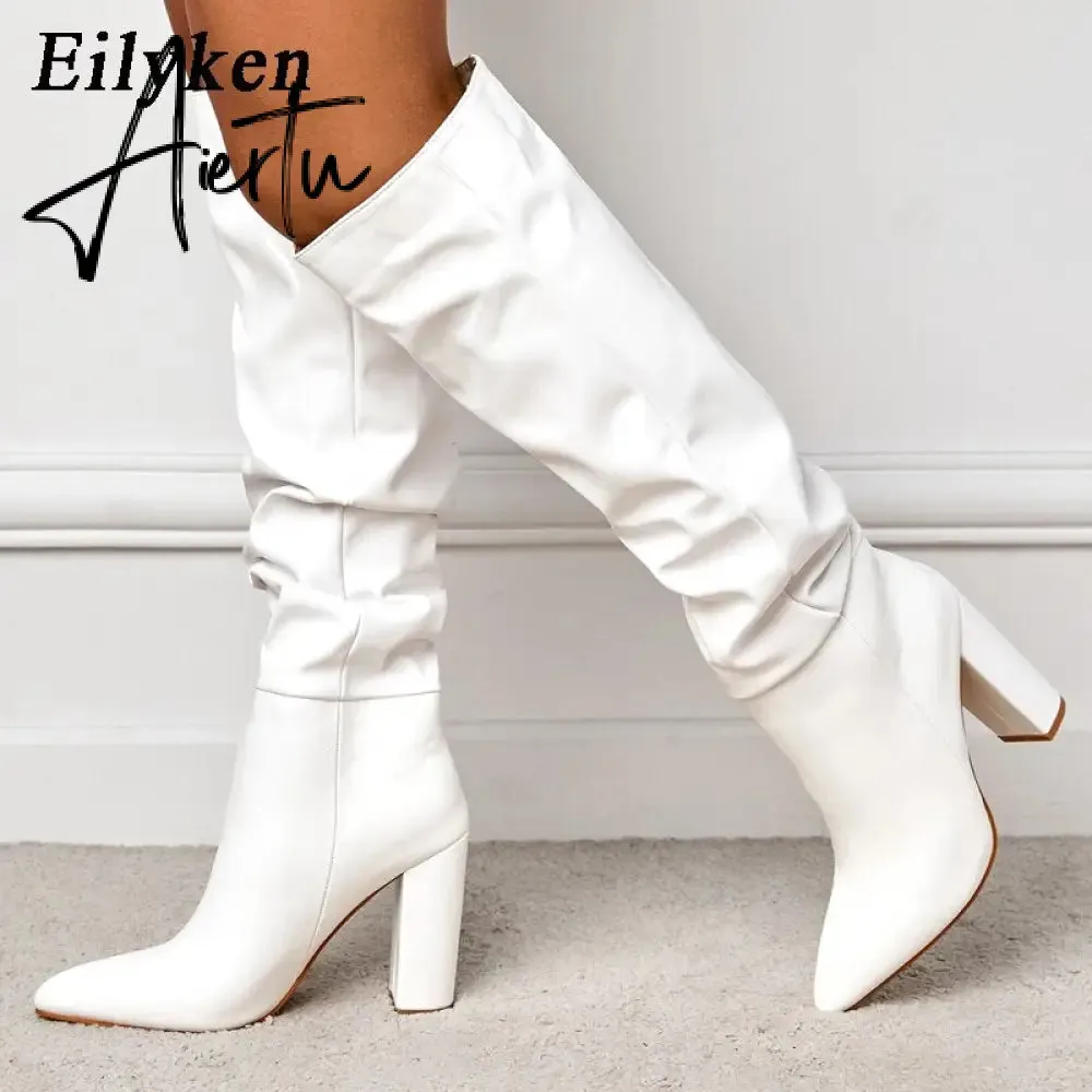 Aiertu New Brand Ladies Knee-High Boot Winter Folds Warm Square Heels Shoes Fashion Sexy Long Boots Solid Color Footwear