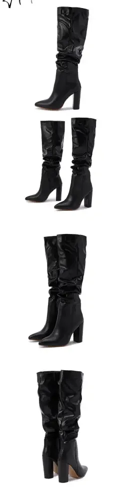 Aiertu New Brand Ladies Knee-High Boot Winter Folds Warm Square Heels Shoes Fashion Sexy Long Boots Solid Color Footwear