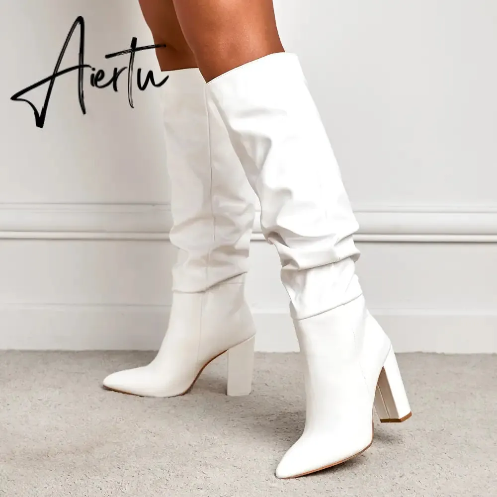 Aiertu New Brand Ladies Knee-High Boot Winter Folds Warm Square Heels Shoes Fashion Sexy Long Boots Solid Color Footwear