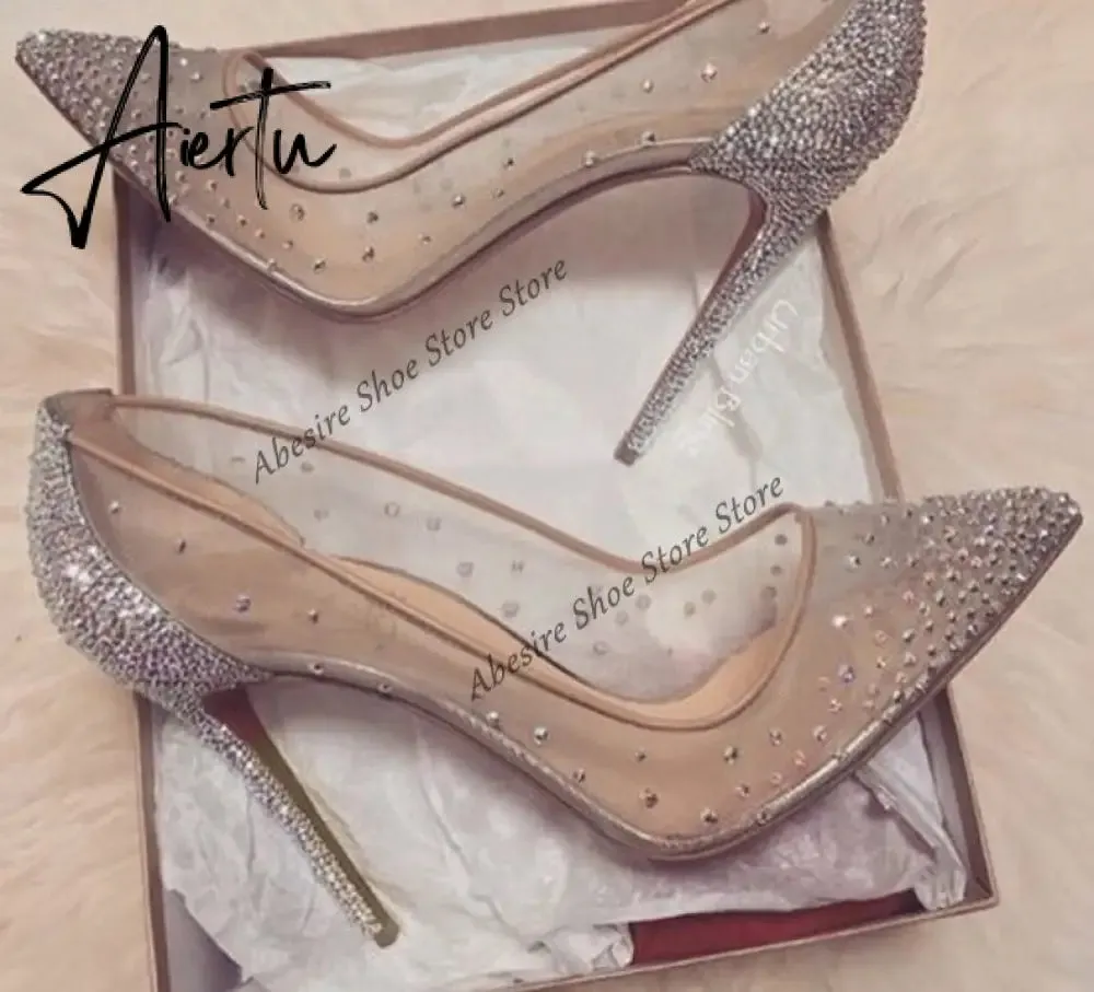 Aiertu New Crystal Pumps Shallow Crystal Stilettos Solid Pumps Beige High Heels Woman Spring Shoes Fashion Party Sexy Big Size HOT NOW