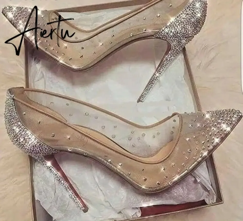 Aiertu New Crystal Pumps Shallow Crystal Stilettos Solid Pumps Beige High Heels Woman Spring Shoes Fashion Party Sexy Big Size HOT NOW