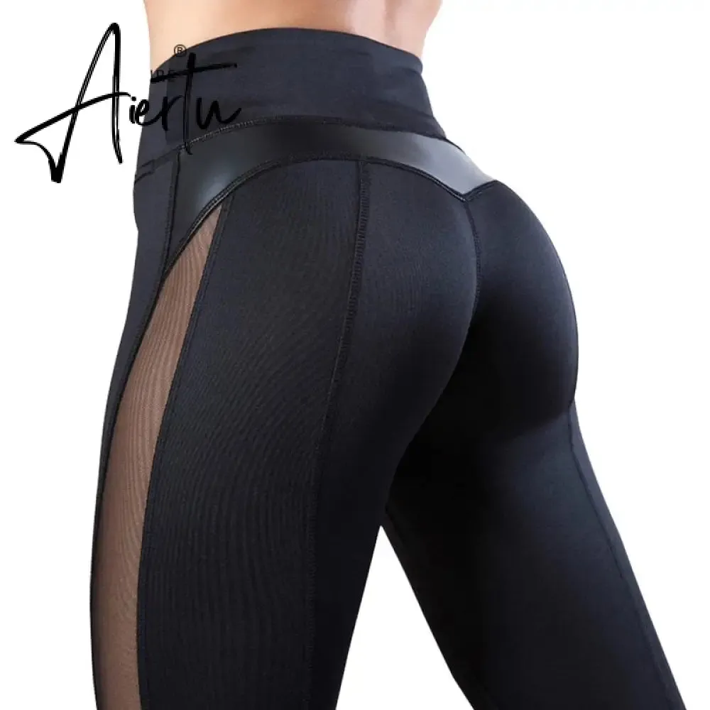 Aiertu Solid High Waist Fitness Legging Women Heart Workout Leggins Femme Fashion Mesh And PU Leather Patchwork Leggings