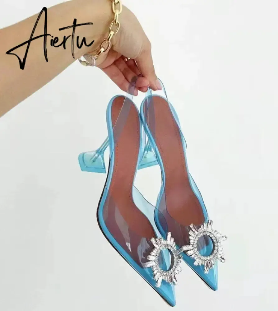 Aiertu Star style Green Blue Soft PVC Women Sandals Fashion Crystal Heeled Slingbacks Summer Shoes High heels Wedding Bride Shoes