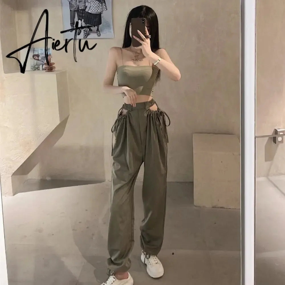 Aiertu Streetwear Women's Cargo Harem Pants Hip Hop High Waist Casual Female Track Pants Joggers Trousers Fashion Harajuku Women Pants