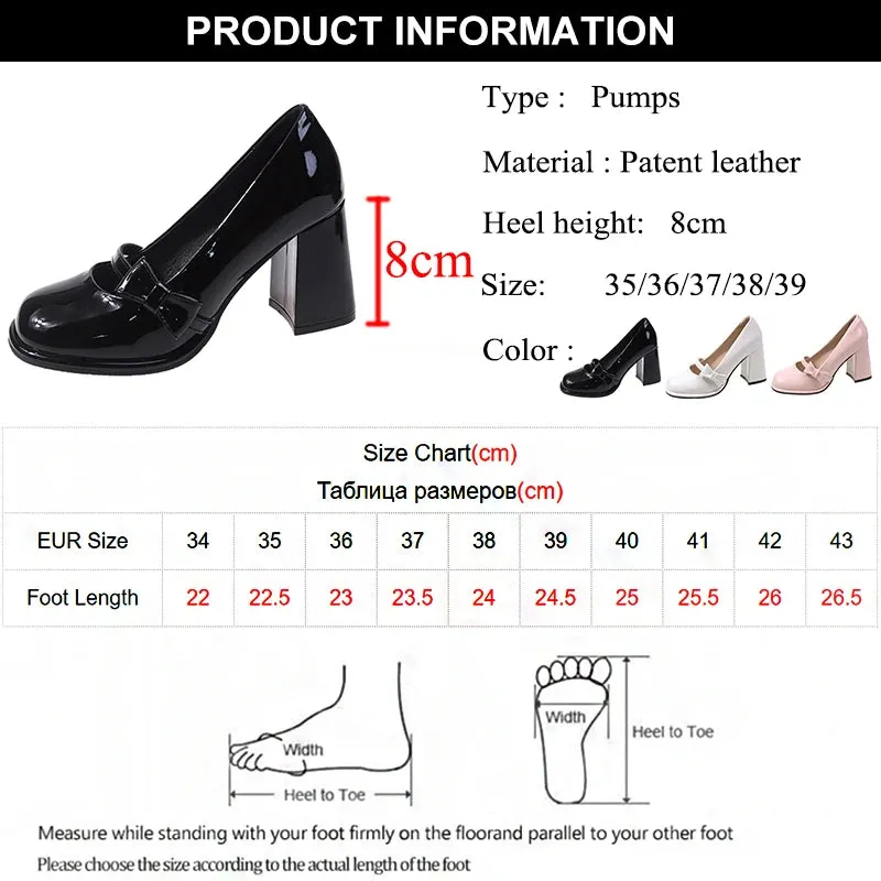 Aiertu Sweet Bowknot High Heels Mary Janes Women Cute Round Toe Patent Leather Pumps Woman Slip-On Square Heeled Bow Party Shoes Ladies