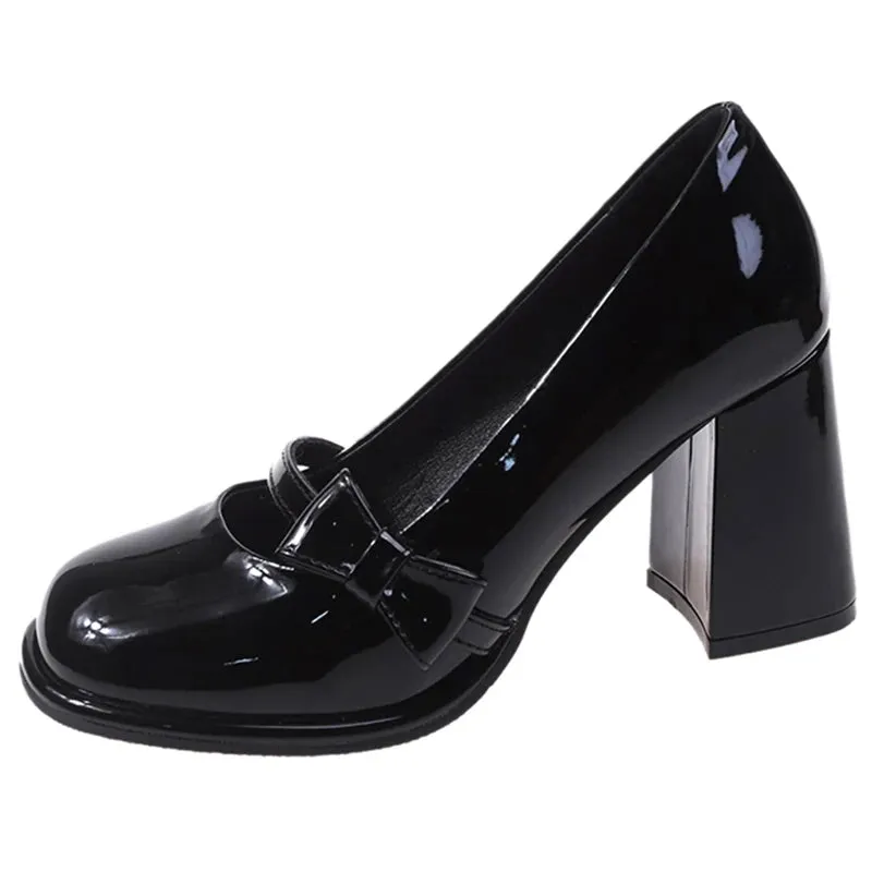 Aiertu Sweet Bowknot High Heels Mary Janes Women Cute Round Toe Patent Leather Pumps Woman Slip-On Square Heeled Bow Party Shoes Ladies