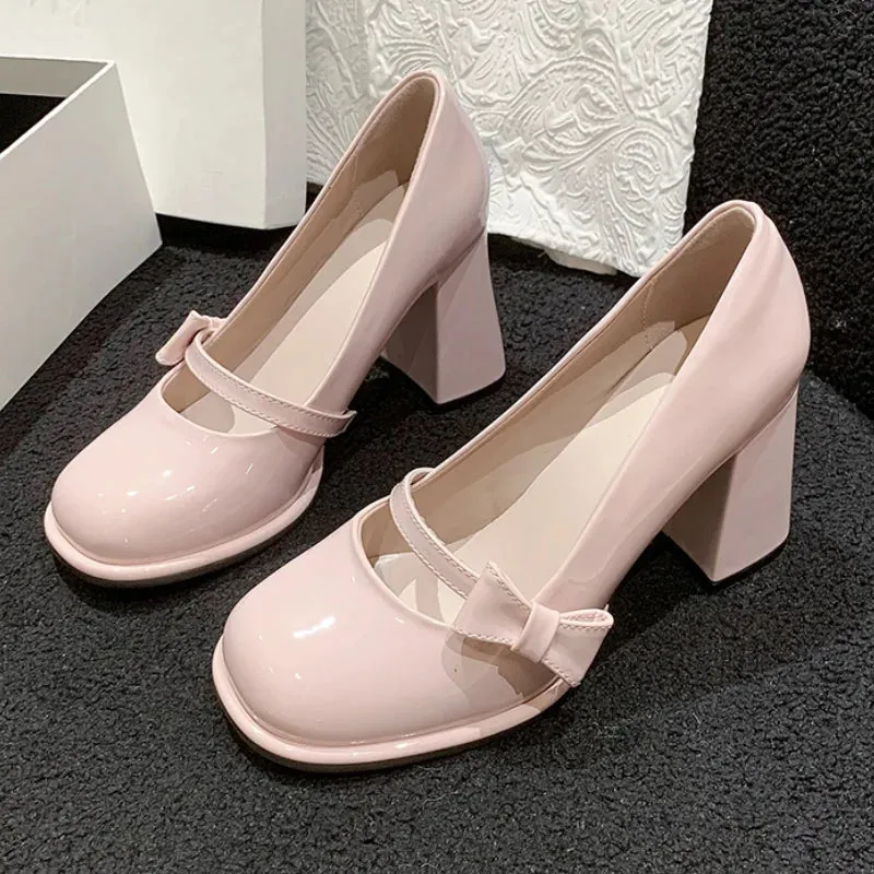 Aiertu Sweet Bowknot High Heels Mary Janes Women Cute Round Toe Patent Leather Pumps Woman Slip-On Square Heeled Bow Party Shoes Ladies