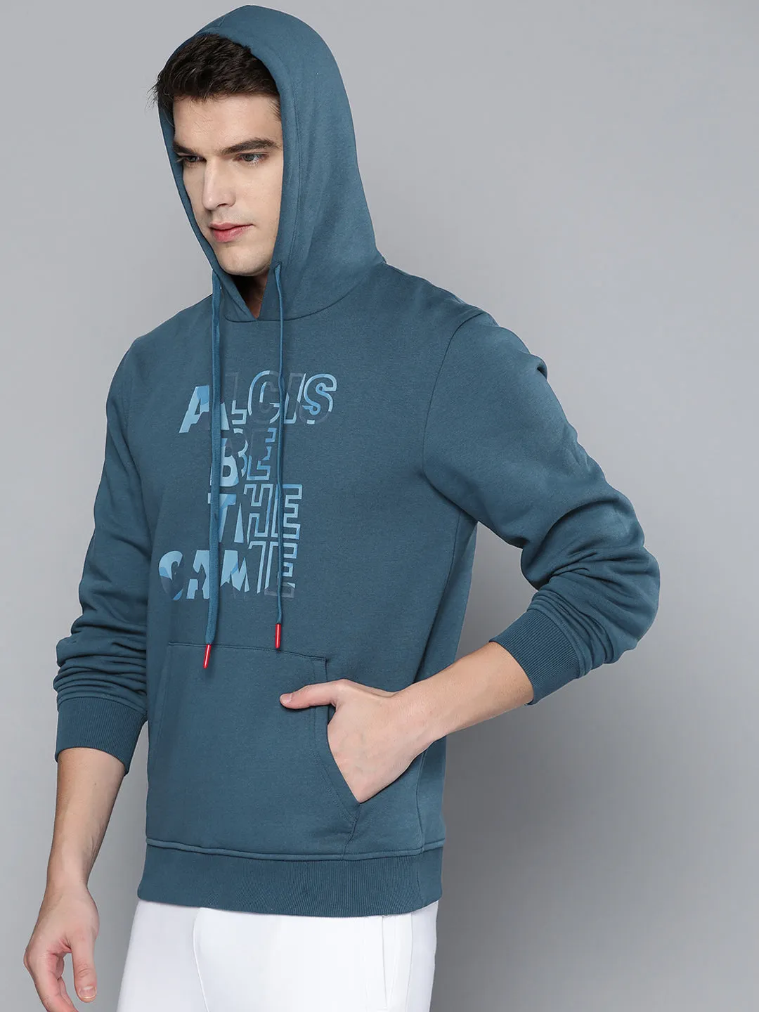 Alcis Men Teal Blue Printed Hooded Sweatshirt