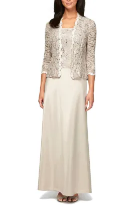 Alex Evenings Square Neck Lace Top A-Line Dress with 3/4 Sleeve Lace Jacket (2 Piece Set)