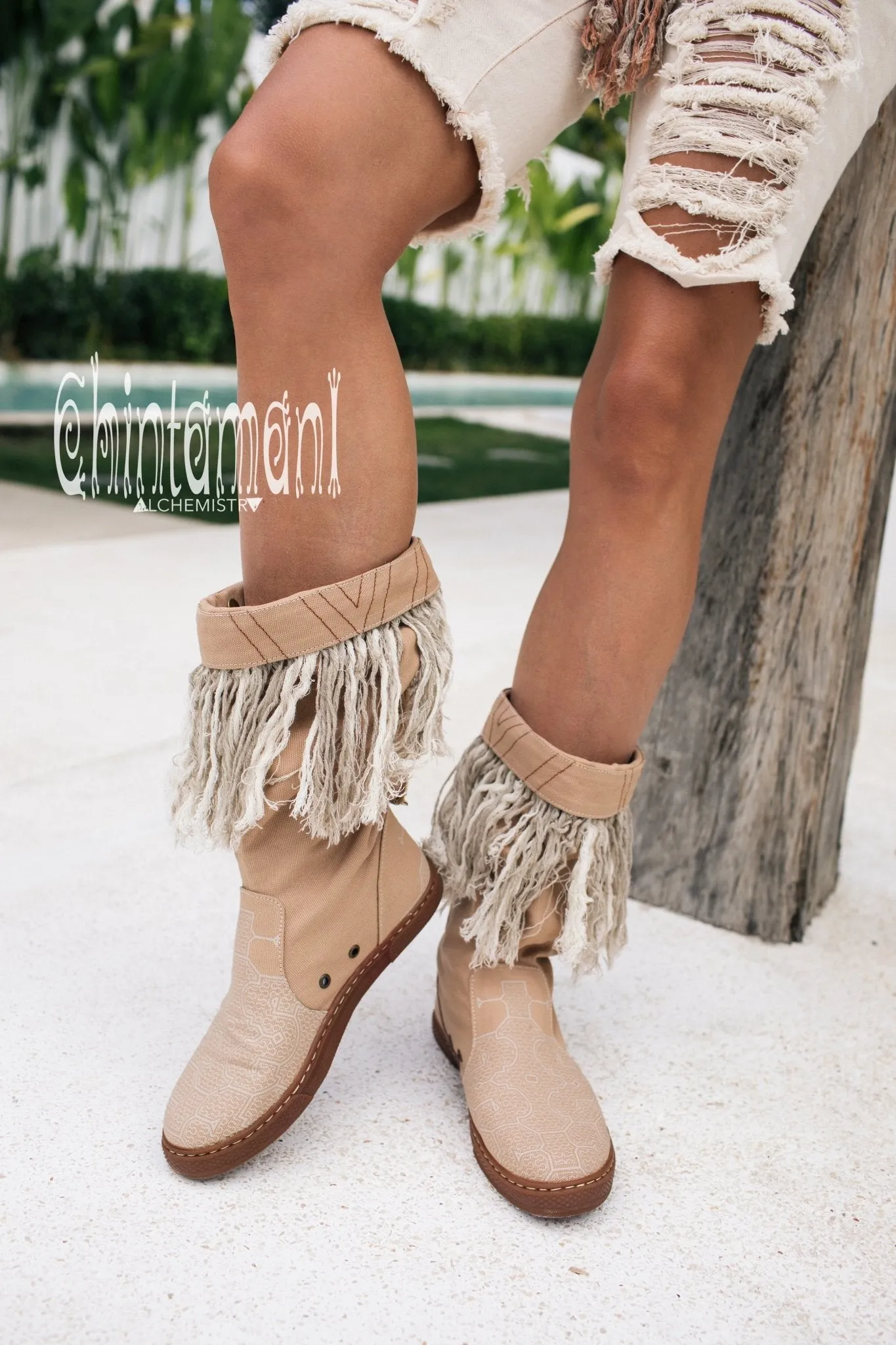 Alma Libra Cotton Canvas Vegan Fringe Boots / Boho High Shoes / Beige