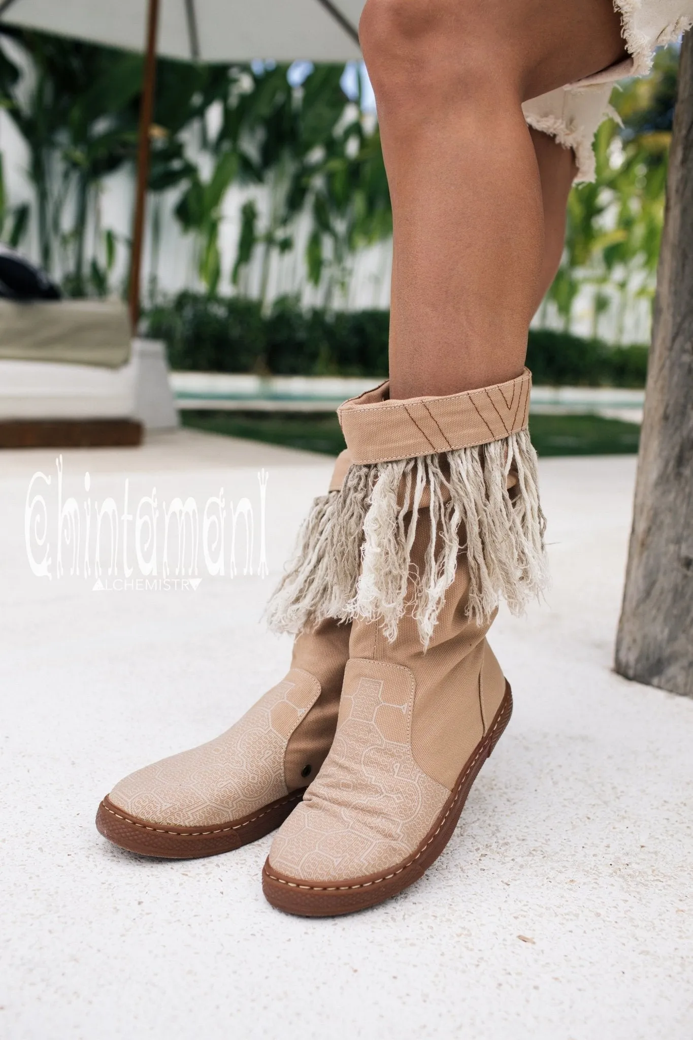 Alma Libra Cotton Canvas Vegan Fringe Boots / Boho High Shoes / Beige