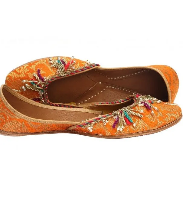 Amber Lights - Orange Embellished Brocade & Leather Juttis