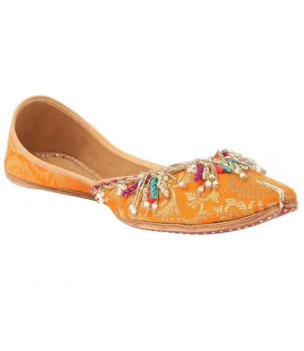 Amber Lights - Orange Embellished Brocade & Leather Juttis