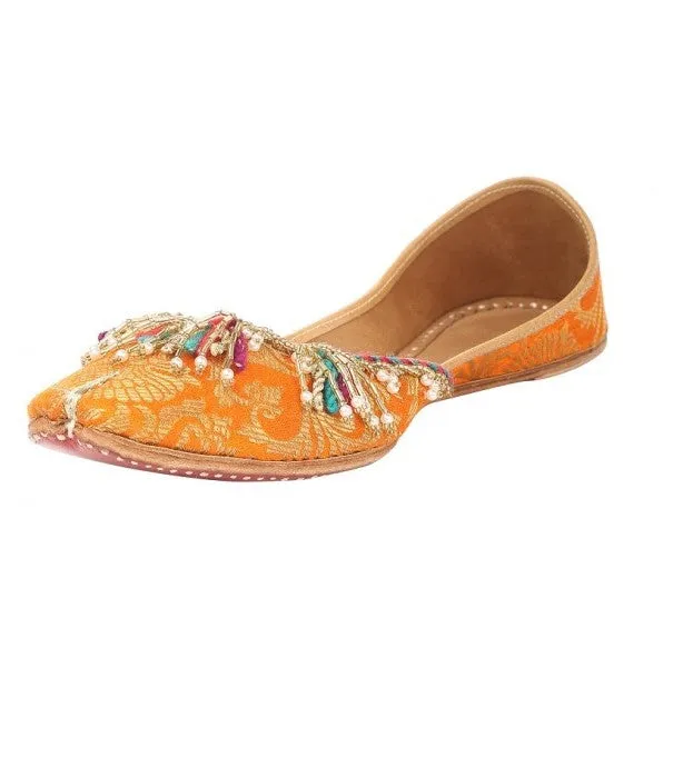 Amber Lights - Orange Embellished Brocade & Leather Juttis