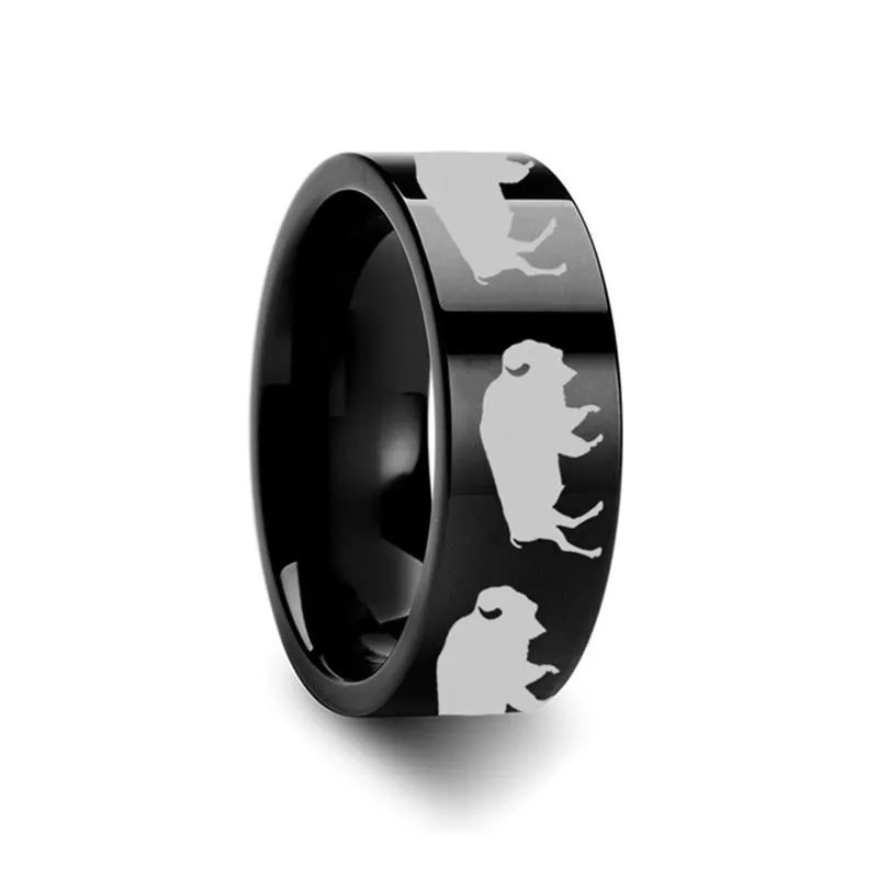 Animal Design Buffalo Print Laser Engraved Flat Polished Tungsten Wedding Band for Men and Women - 4MM - 12MM