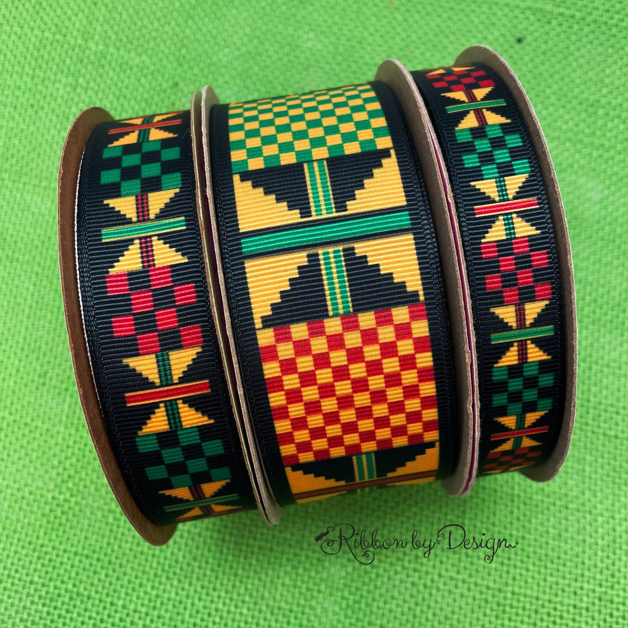 Ankara Kente ribbon African design yellow, green, black printed on7/8" white grosgrain ribbon