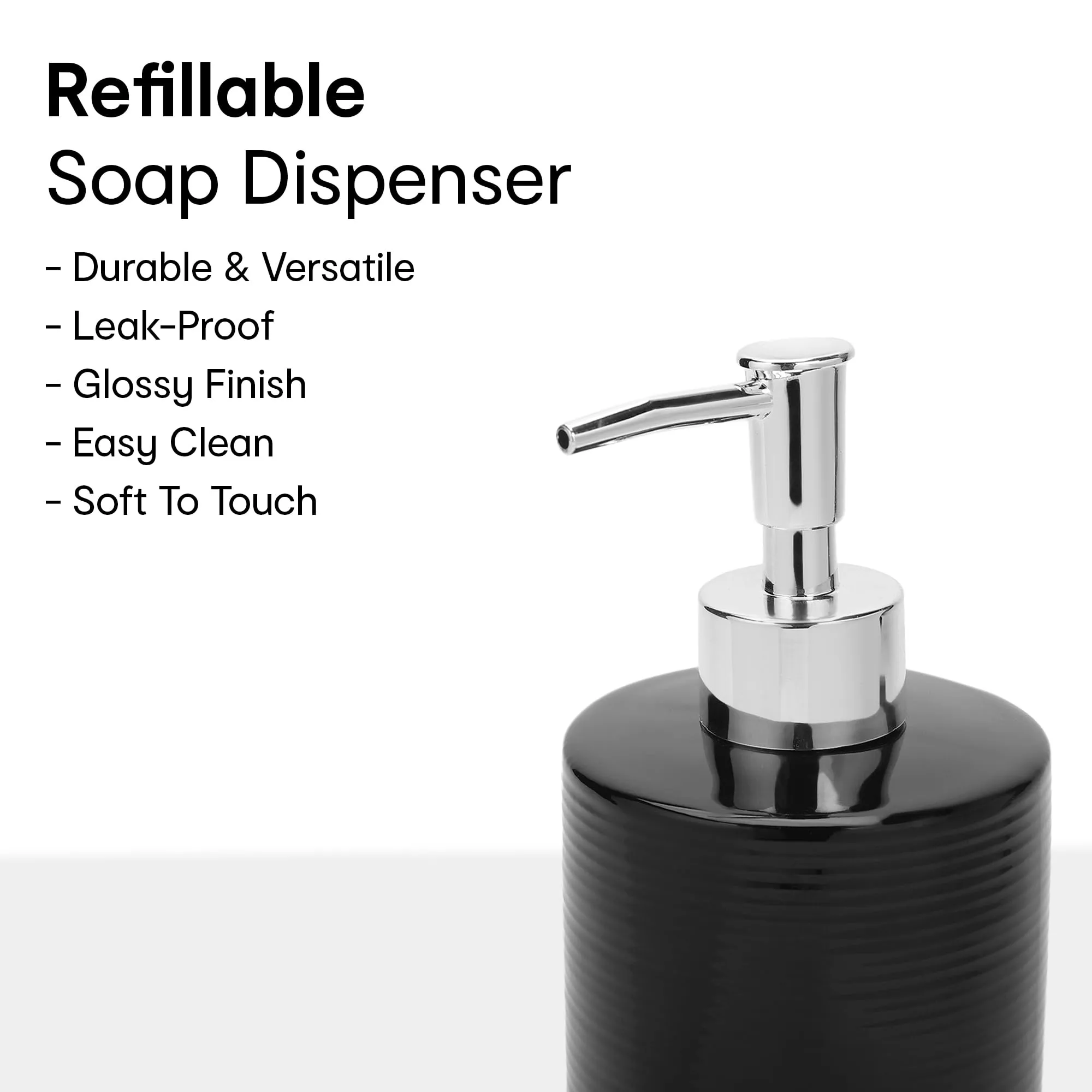 Anko Liquid Soap Dispenser - Pack of 2 | Stoneware | Bathroom Sanitizer, Lotion, Shampoo Dispenser | Ceramic Handwash Bottle for Kitchen | Soap Dispenser for Wash Basin |Black | 350 ml