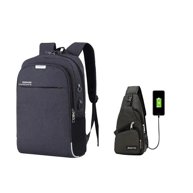 Anti-Theft Laptop Backpack w/ USB Charging Port and Small Sling Bag Set