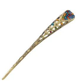 Antique Brass V Shape Hair Stick with Rhinestones