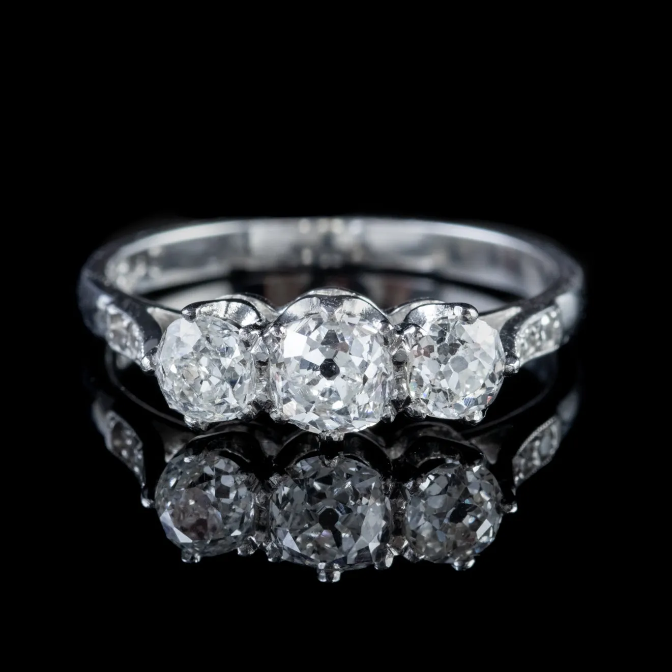 Antique Edwardian 1.24Ct Old Cut Diamond Trilogy Platinum Ring With Cert Circa 1910