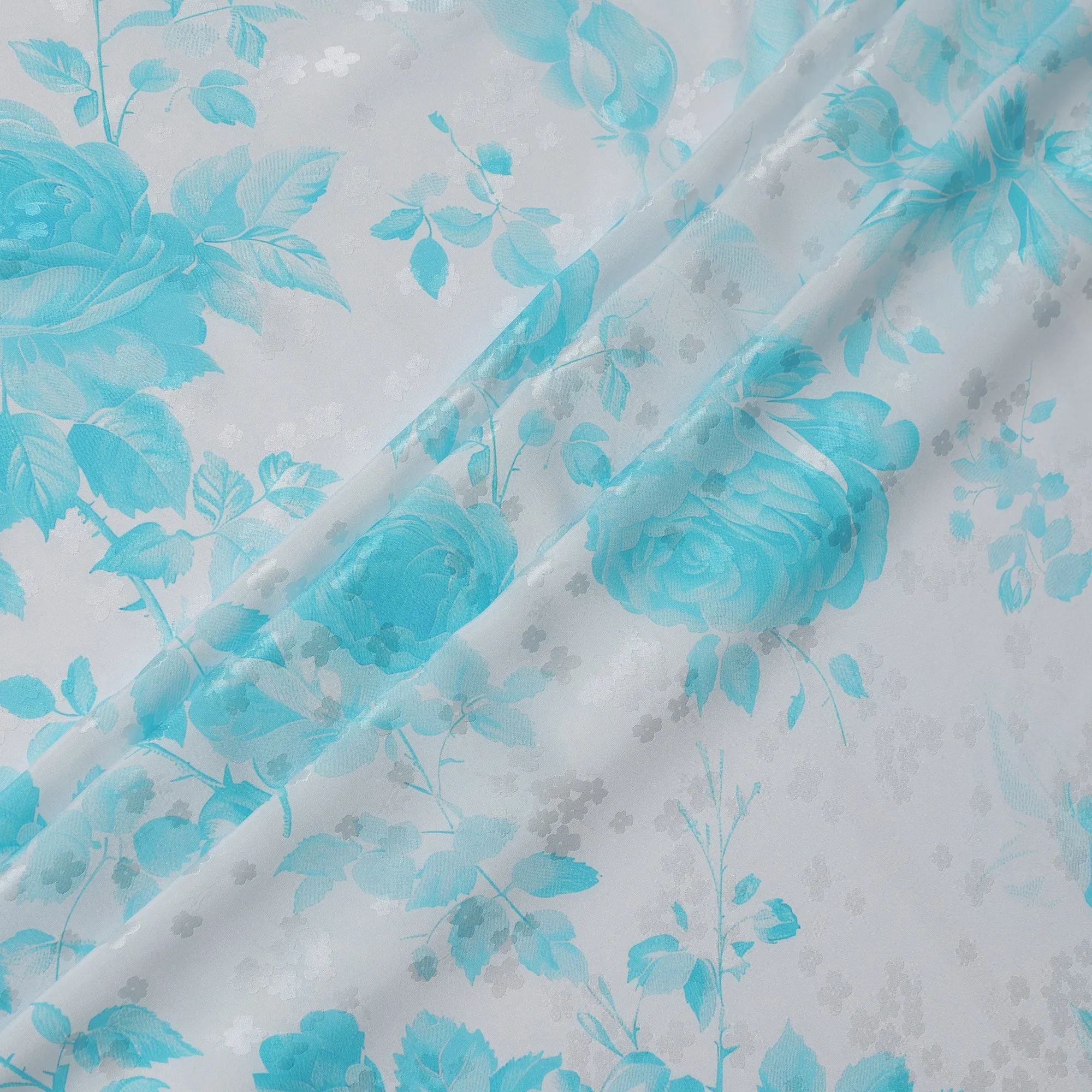 Aqua Blue Floral Print Pure Silk Satin Fabric, 140 cm Width, Made in Italy -D21164