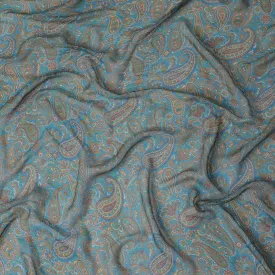 Aqua Paisley Dream Pure Wrinkle Silk Chiffon Fabric - Exotic Print, 110cm Width - Buy Online by the Meter-D18045