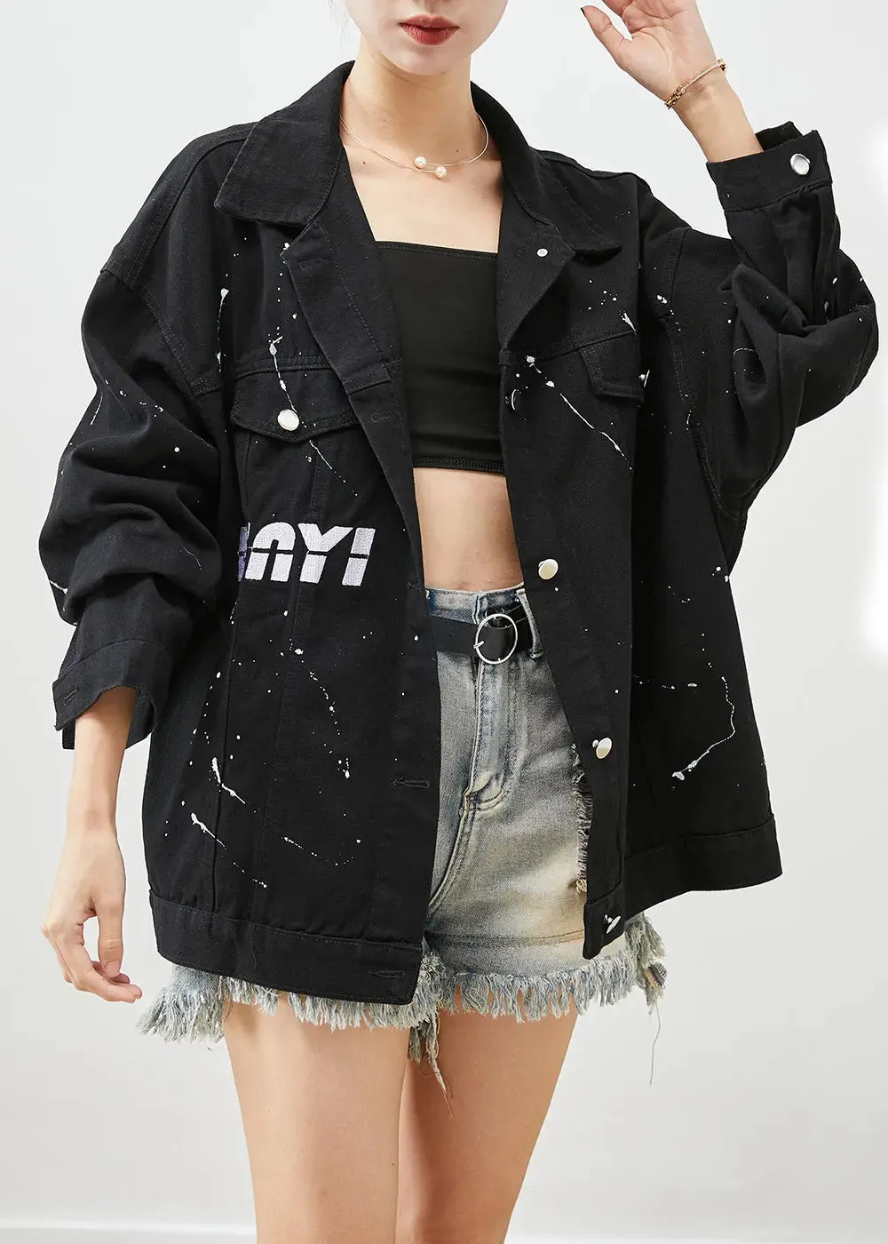 Art Black Oversized Letter Print Denim Jackets Fall ML0519