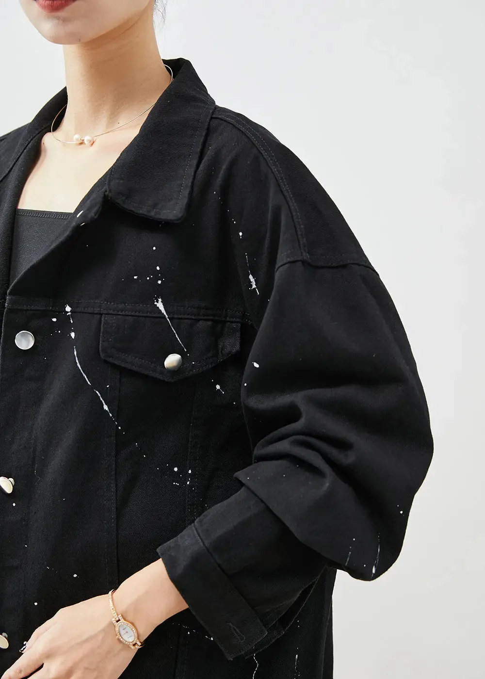 Art Black Oversized Letter Print Denim Jackets Fall ML0519