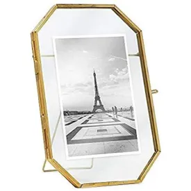 Art India Collections Octagon Brass Glass Table Top Photo Frame for Dried Flowers, Pressed Flowers, Poster, Double Glass Phot Frame 5x7"