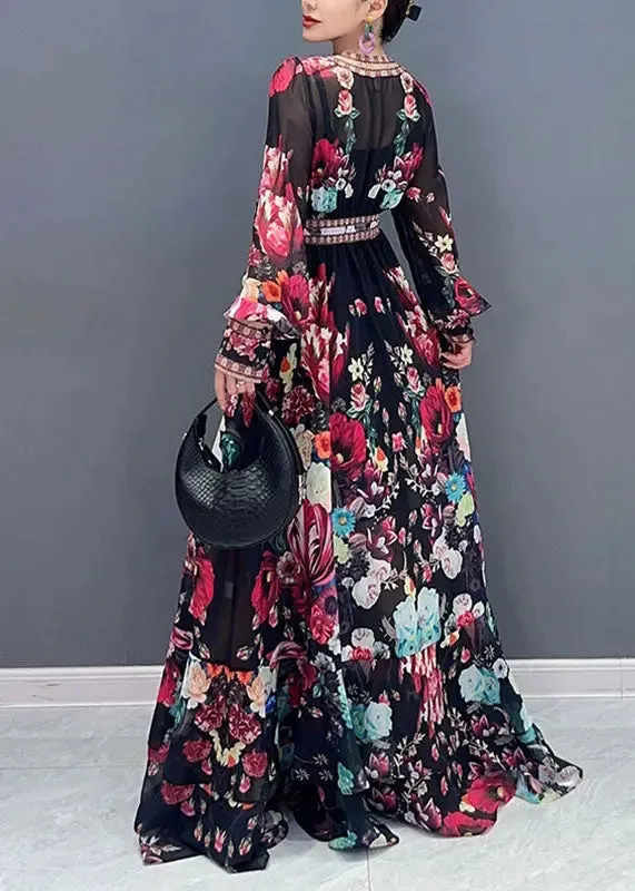 Art V Neck Print Chiffon Long Dresses Fall ML2648