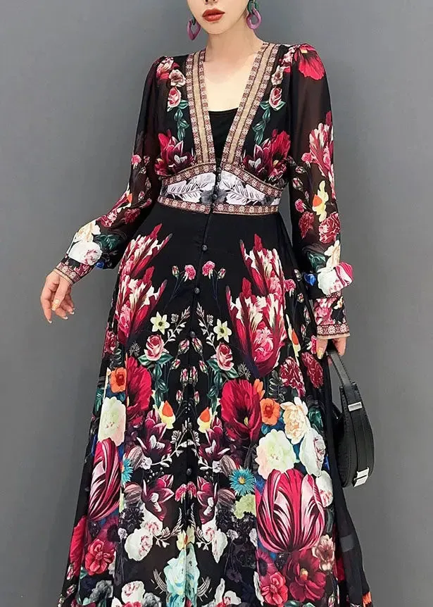 Art V Neck Print Chiffon Long Dresses Fall ML2648