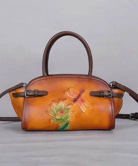 Art Yellow Floral Paitings Calf Leather Messenger Bag