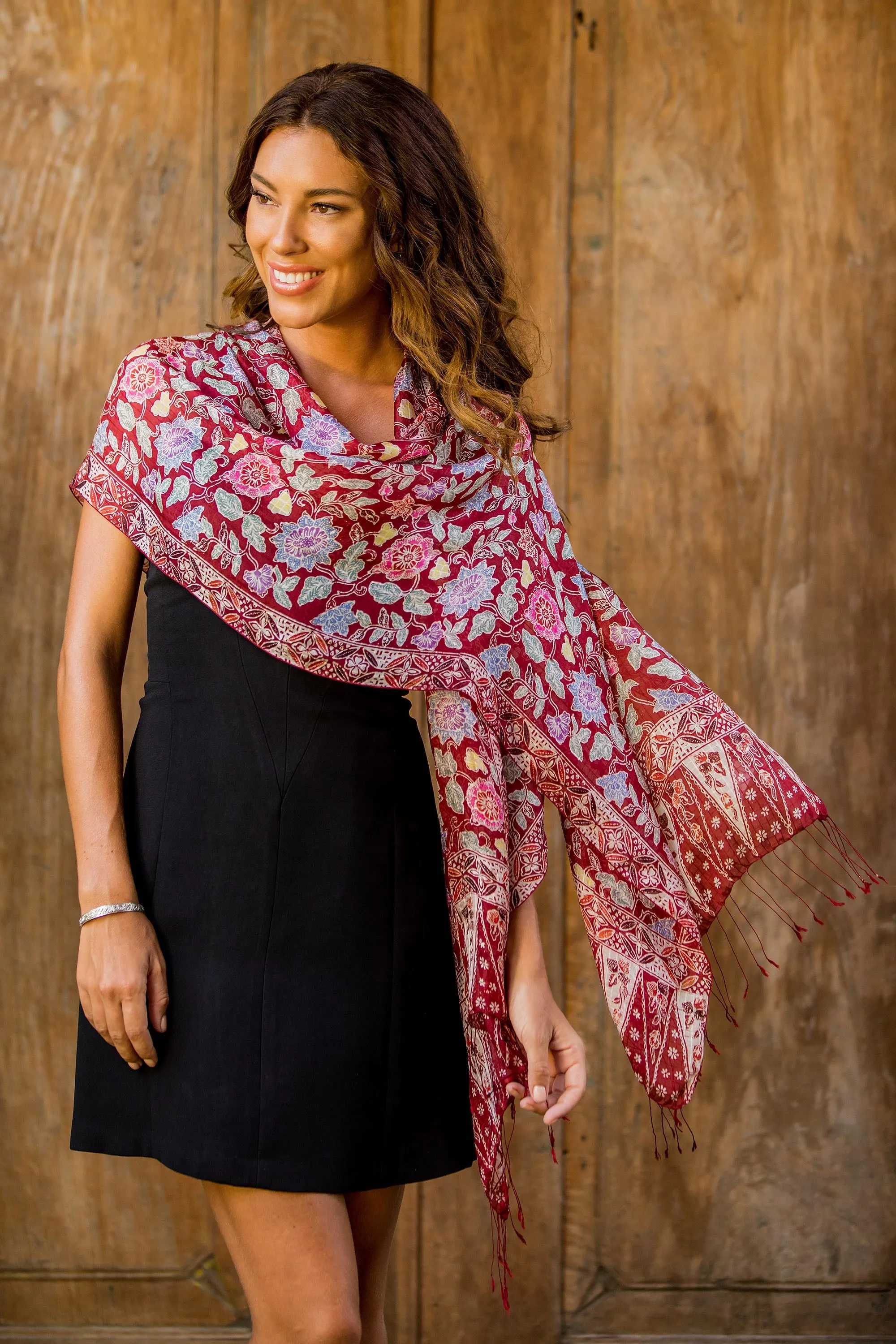 Artisan Crafted Batik Silk Shawl Wrap - Wine Garden | NOVICA