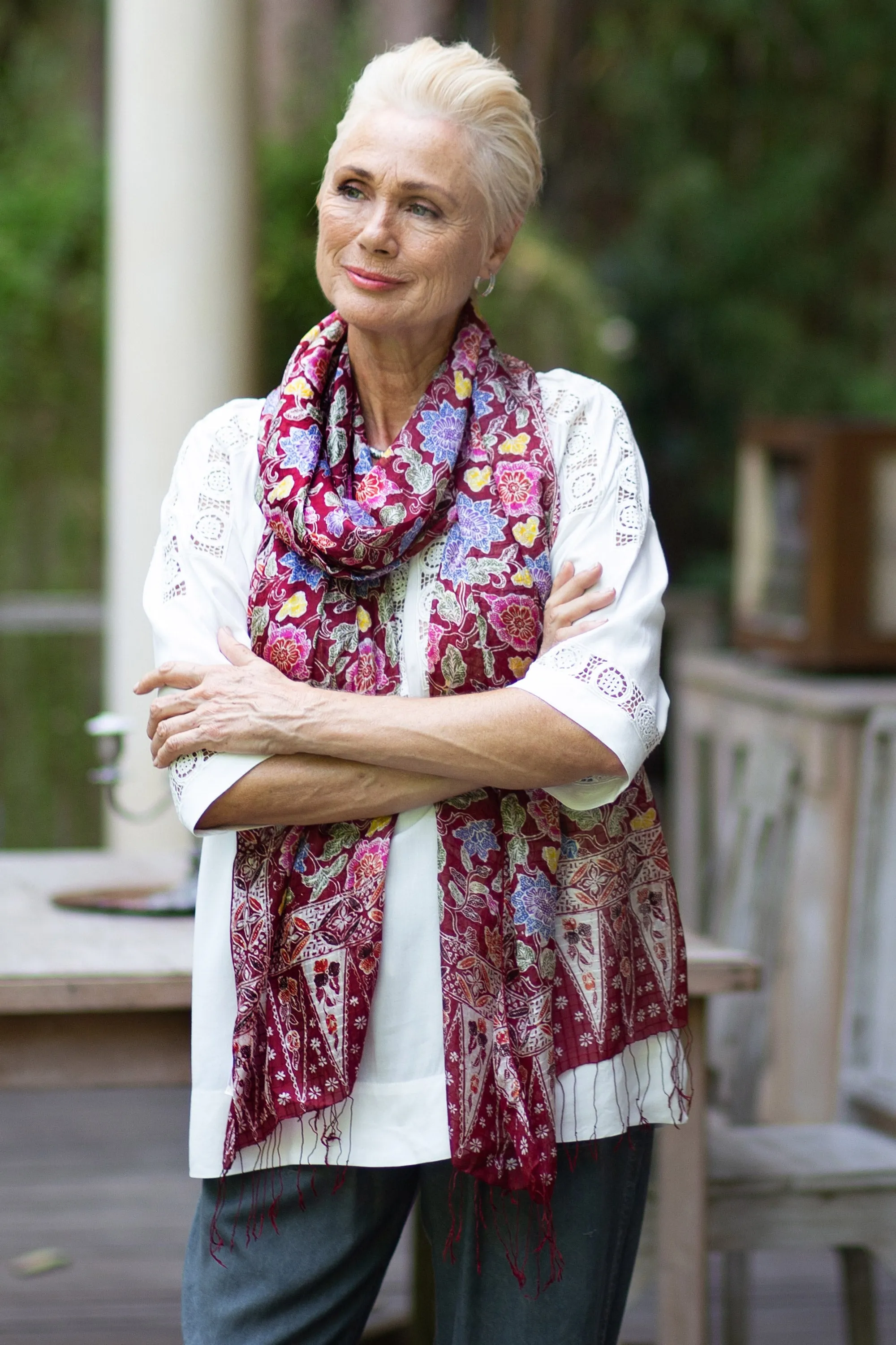 Artisan Crafted Batik Silk Shawl Wrap - Wine Garden | NOVICA