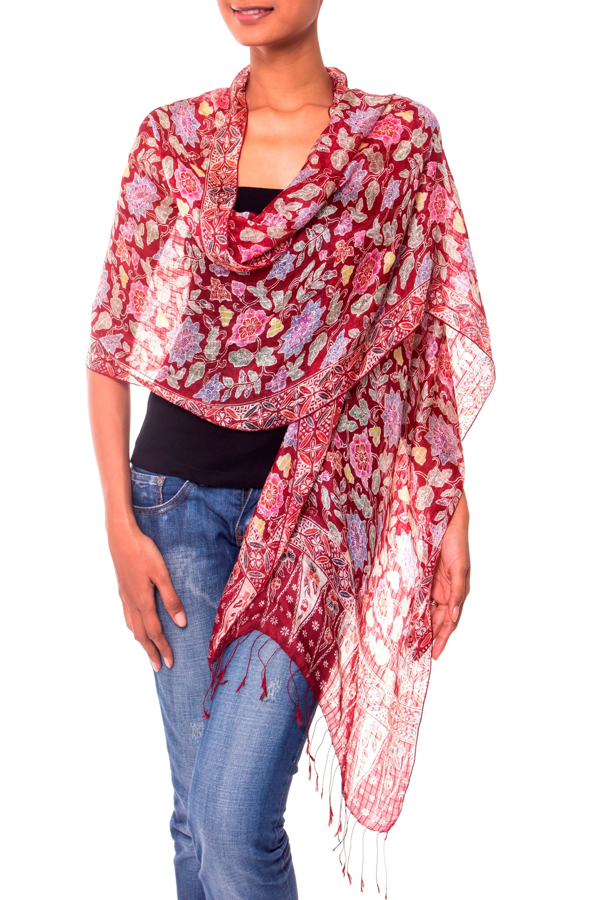 Artisan Crafted Batik Silk Shawl Wrap - Wine Garden | NOVICA