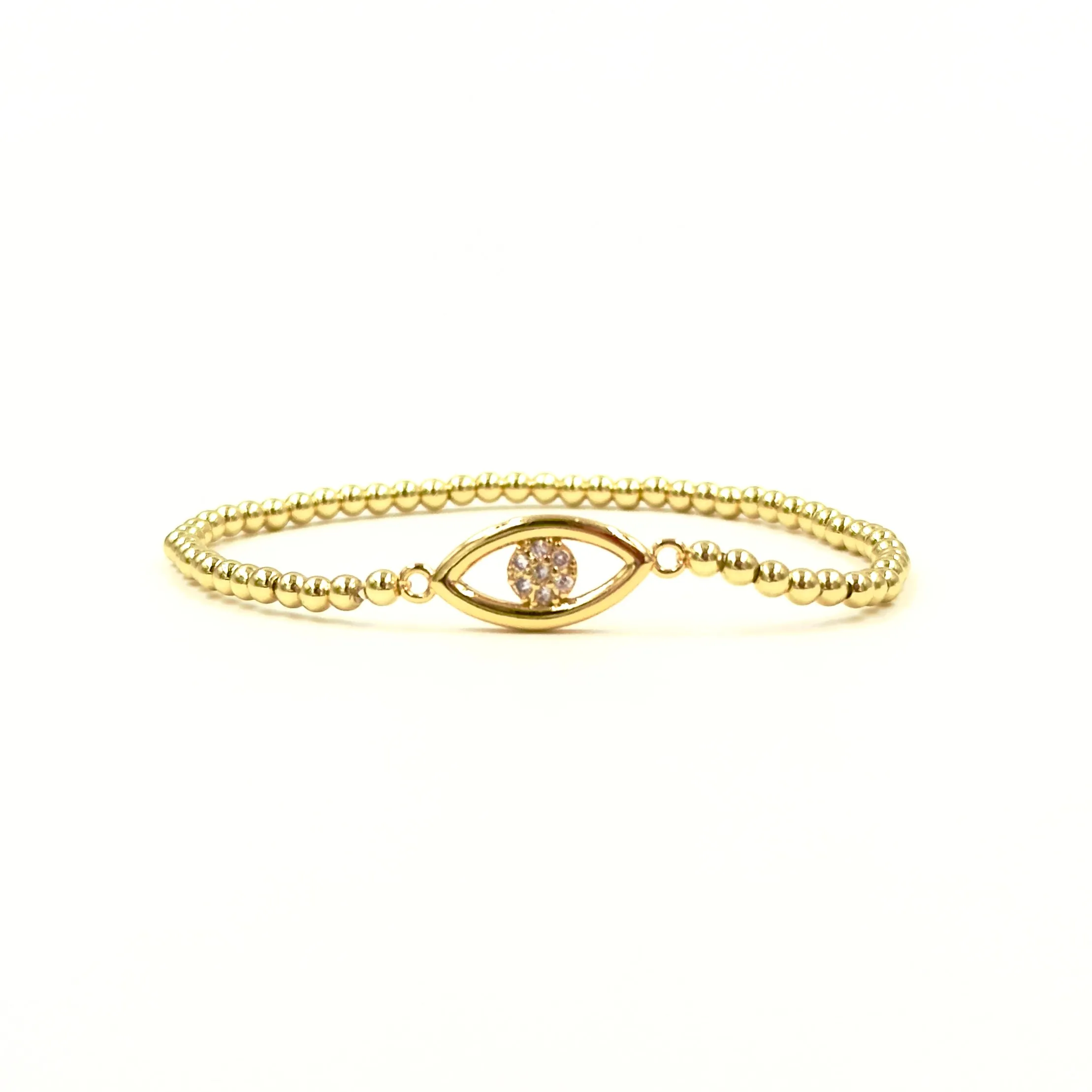 Ashley Gold Stainless Steel Gold Plated Evil Eye With CZ Center Stretch Beaded Bracelet