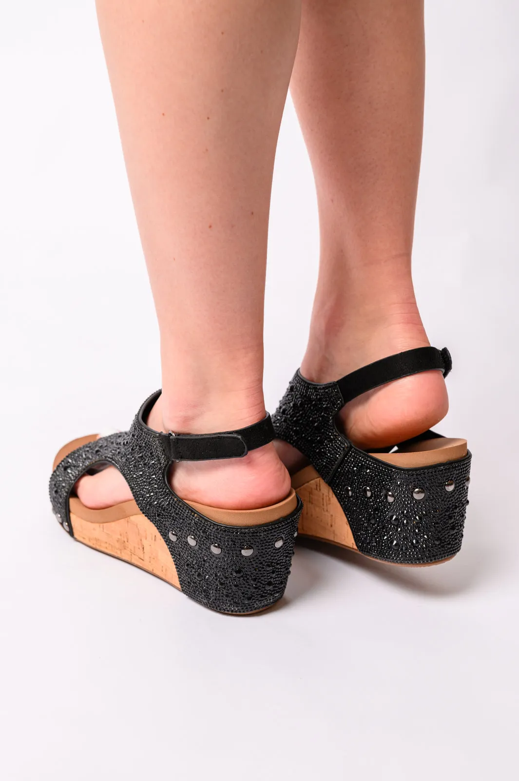 Ashley Wedge Sandals in Black Rhinestone - CORKYS