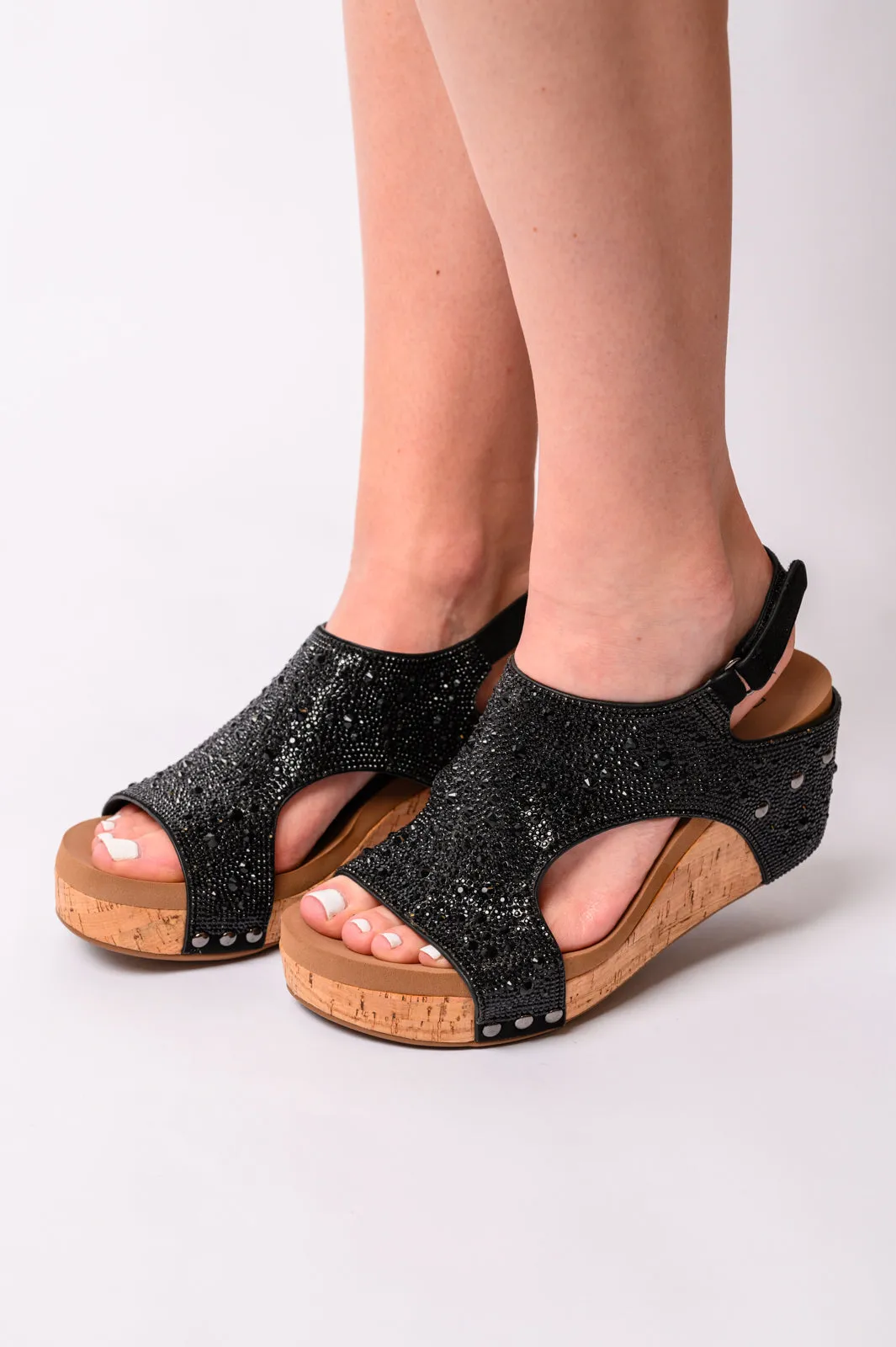 Ashley Wedge Sandals in Black Rhinestone - CORKYS