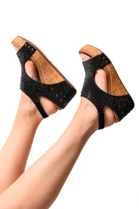 Ashley Wedge Sandals in Black Rhinestone - CORKYS