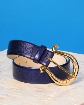 Astrid Leather Belt in Navy and Gold Horseshoe Buckle with Rhinestones