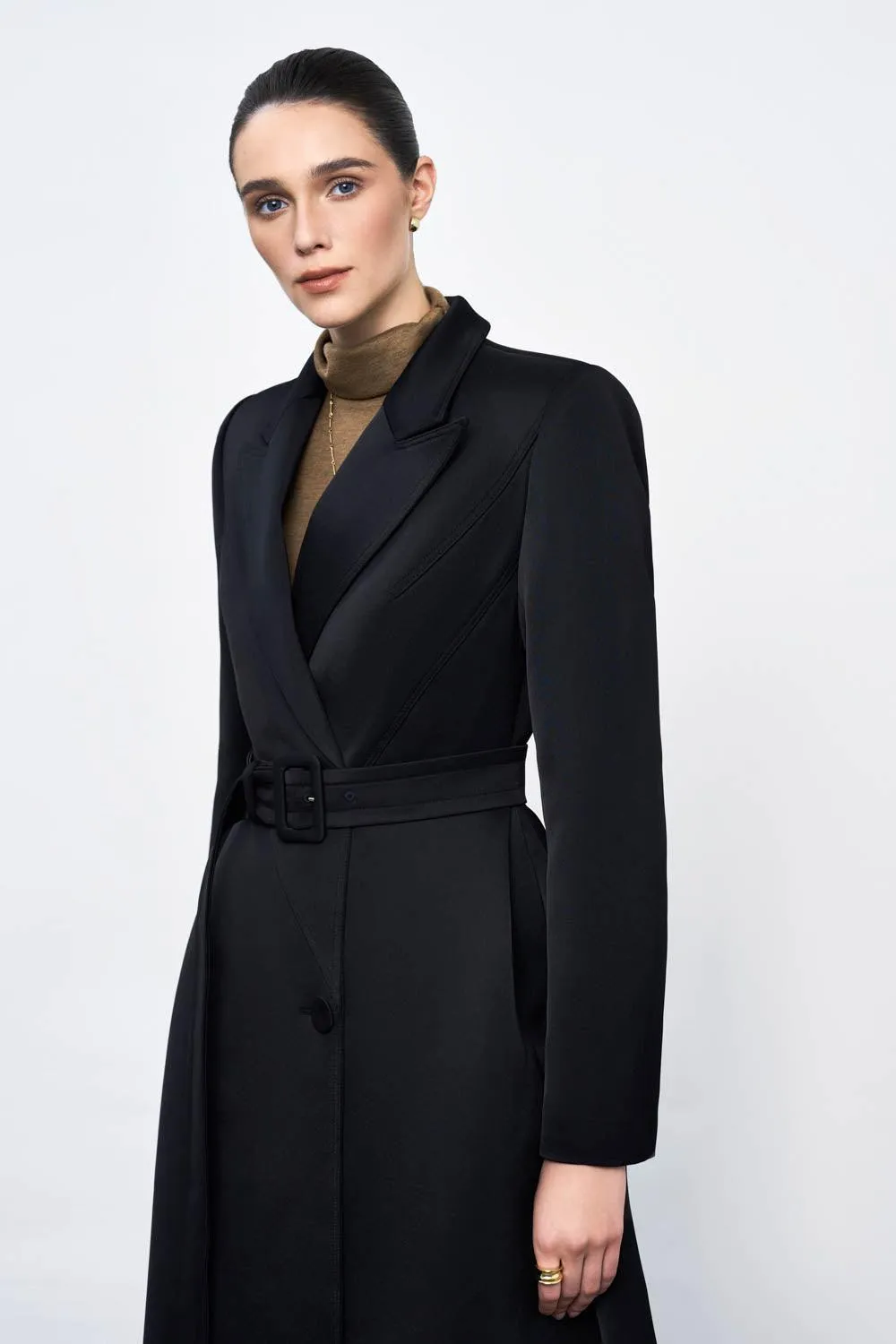 Audrey A-line Notch Lapel Taffeta Calf Length Trench Coat