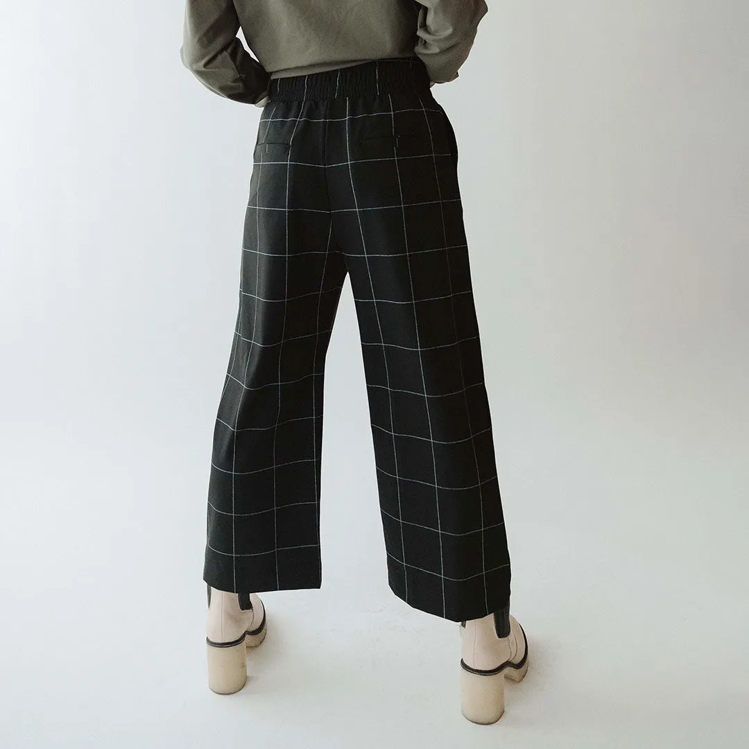 Audrey Wide Leg Pants, Black Windowpane