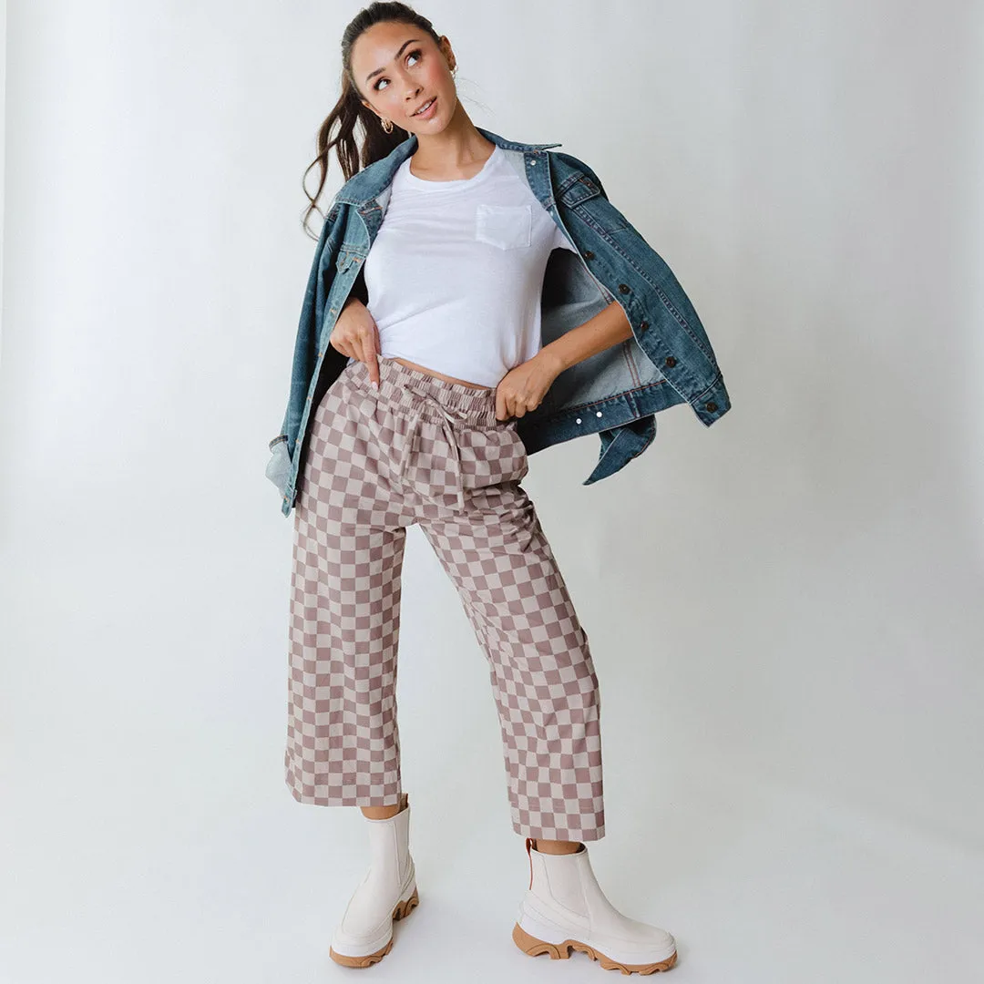 Audrey Wide Leg Pants, Brown Checkers