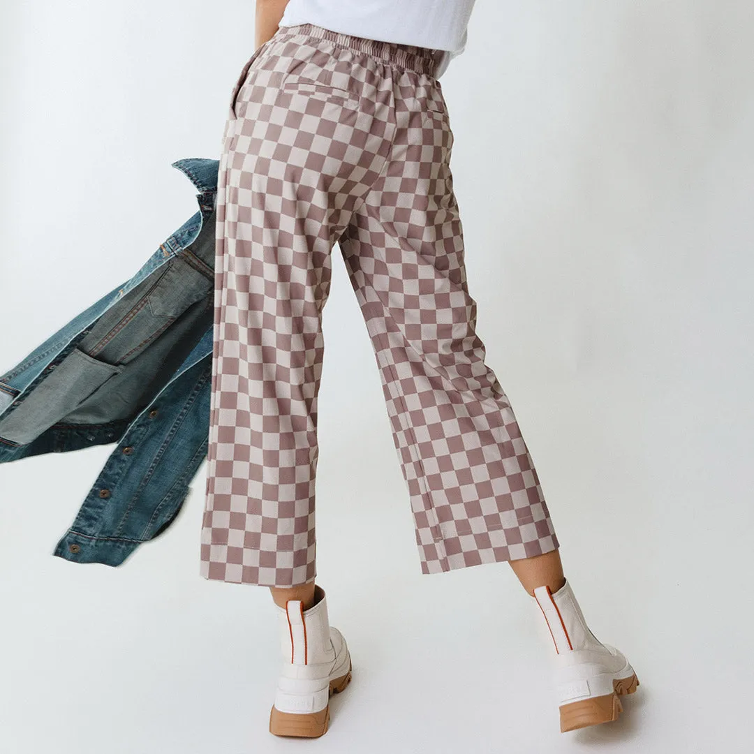 Audrey Wide Leg Pants, Brown Checkers